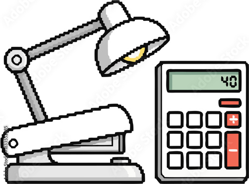 Pixel art illustration of a desk lamp and a calculator