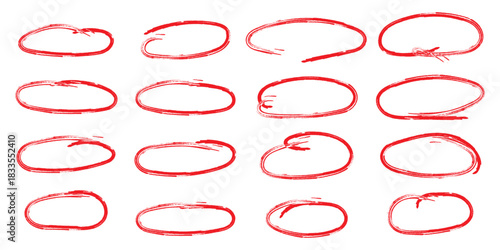 Hand drawn red crayon ovals and circles. Ellipses pencil doodle style set. Red round rough thin frames.
