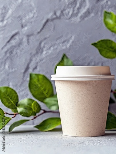 A paper coffee cup with a lid, decorated with green leaves, set against a textured gray background, creating a natural and minimalist aesthetic.