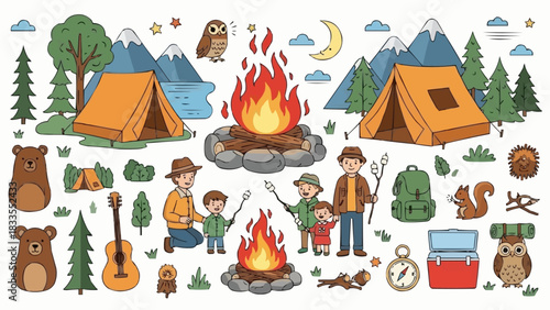 Camping Adventure Set with Tents Campfires and Happy Campers.
