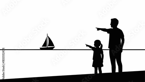 Father and Daughter Silhouettes Pointing at Sailboat on the Water.