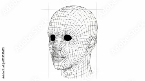 Wireframe Human Head Model with Grid Lines and Black Eyes.