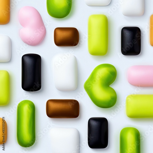 A repeating pattern of colorful, rounded shapes on a white background. The shapes are in various colors and sizes, creating a vibrant and abstract design.