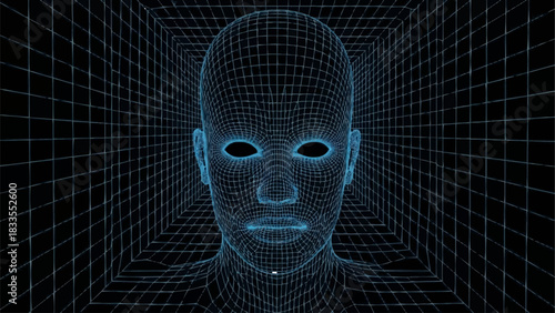 Digital human face wireframe representing artificial intelligence and technology.
