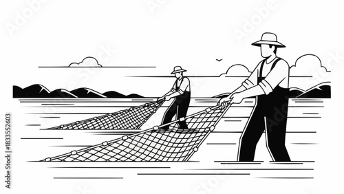 Two fishermen in hats and overalls pulling a large fishing net.