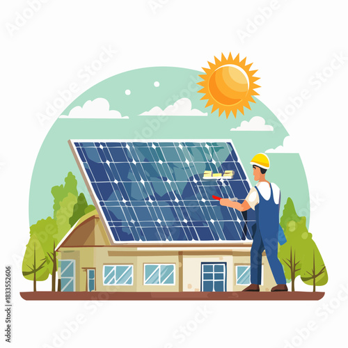 A technician installs solar panels on a house, harnessing renewable energy from the sun for sustainable living and environmental conservation.