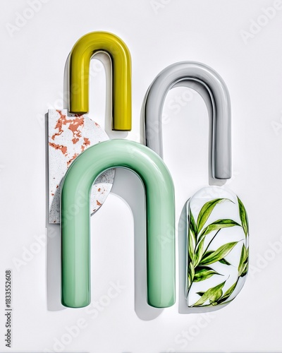 A studio shot featuring a composition of colorful, curved arch shapes and decorative elements against a white background. The image has a clean, modern aestheti