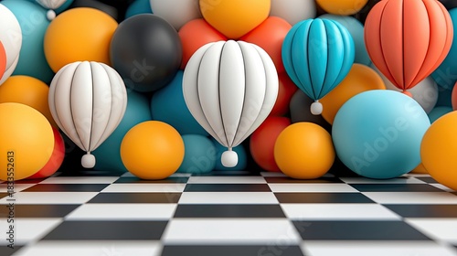 A vibrant composition featuring colorful balloons and spheres arranged against a backdrop, with a checkered floor in the foreground.