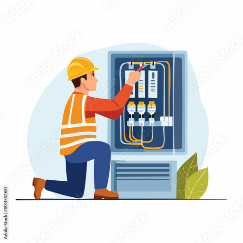 An electrician inspects electrical wiring in a panel, ensuring safety and proper functionality with expertise and meticulous attention.