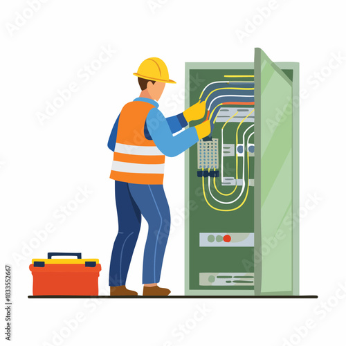 An electrician wearing safety gear inspects and works on an electrical panel, ensuring proper wiring and system functionality for safety.