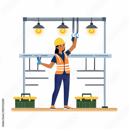 An electrician is working on the lights, wearing safety gear, and using tools to make electrical repairs in a building.