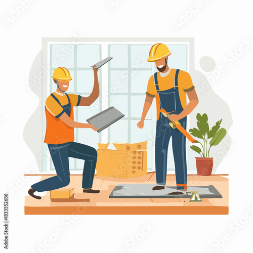Two construction workers are installing flooring in a home, with one kneeling and the other standing, both smiling and working together.