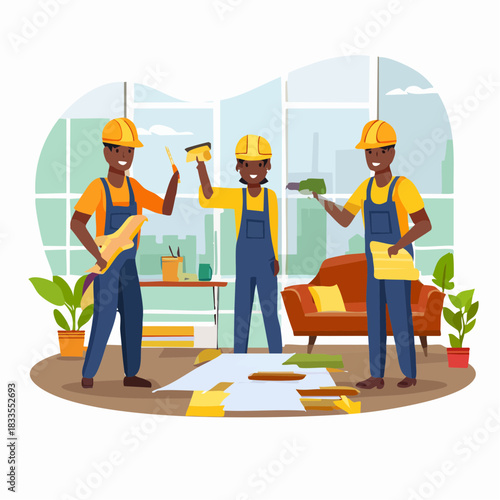 Three diverse construction workers collaborate on a home renovation project, showcasing teamwork and expertise in a modern interior.