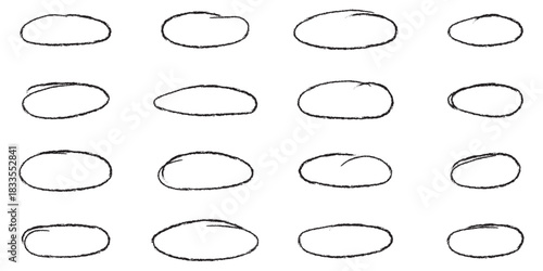 Hand drawn red crayon ovals and circles. Ellipses pencil doodle style set. Red round rough thin frames.