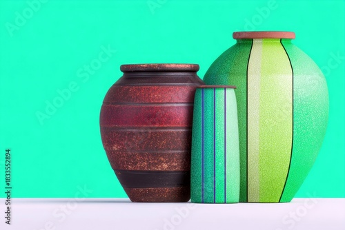 Three decorative ceramic vases of different shapes and sizes are grouped together on a white surface, set against a vibrant green background.