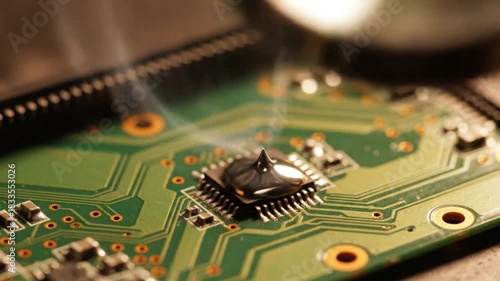 Macro view of soldering iron working on electronic circuit board with smoke