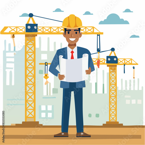 A smiling architect in a hard hat holds blueprints, standing in front of construction cranes and buildings, representing urban development.
