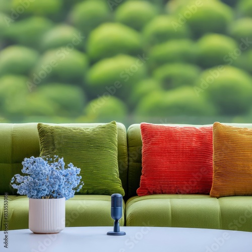 A modern living room scene with a green sofa, colorful cushions, a microphone, and a vase of flowers on a table, with a blurred green background.