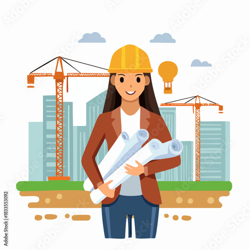A female architect stands confidently on a construction site, holding blueprints, with cranes and buildings in the background, representing urban development.