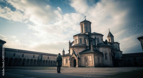 A person stands in front of a large, ancient church building under a cloudy sky. The architecture is detailed and impressive, and the lighting creates a dramati