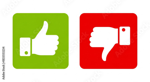 Thumbs up and down icons indicating approval and disapproval in a split green and red square design