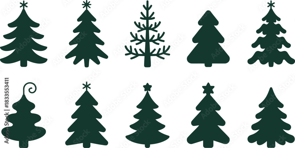 Fototapeta premium Cute Cartoon Christmas Trees Illustration – Festive Holiday Decoration Set