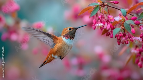 regress. A hummingbird in motion among vibrant flowers, wings blurred against a soft background. wildlife magazines, conservation campaigns, designed for wildlife conservation campaigns.
