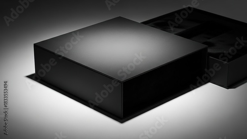 Elegant black square gift box with its lid off under dramatic lighting.