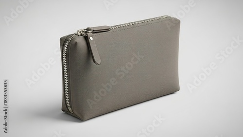 Elegant Gray Leather Clutch with Zipper Closure on White Background.
