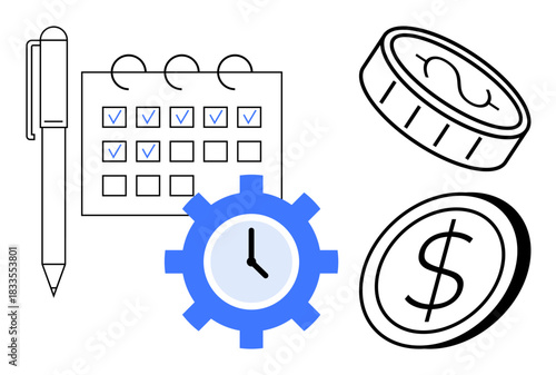 Budget management, productivity, workflow optimization, time tracking, financial planning, resource allocation. Pen, calendar with checkmarks clock gear dollar coins. Financial planning and time