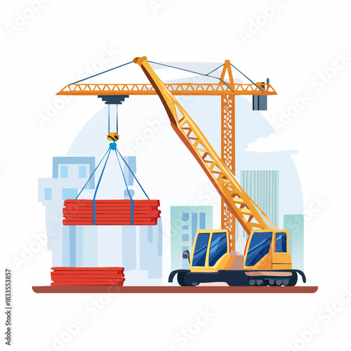 A construction crane lifts red building materials, symbolizing progress and development in an urban environment with modern architecture and engineering.