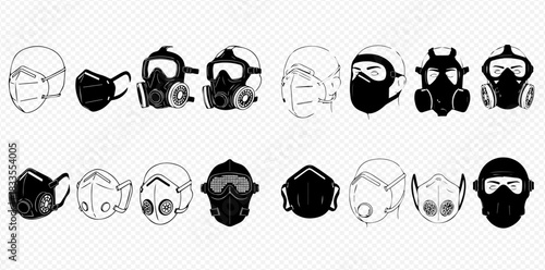 A collection of various protective masks and respirators, including medical, N95, and gas masks, in black and white line art and silhouette styles.