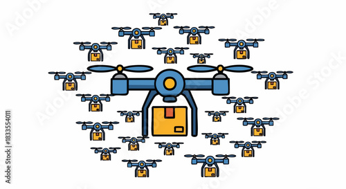 A swarm of delivery drones carrying packages in a circular formation.