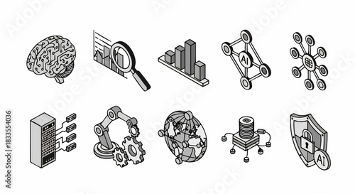 Artificial Intelligence and Machine Learning Isometric Icons.