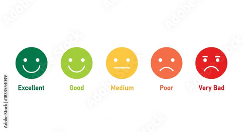 Customer feedback rating scale with smiley faces representing satisfaction levels from excellent to very bad