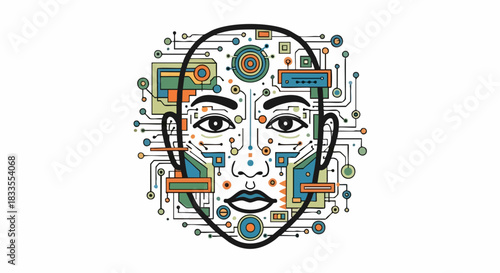 Artistic depiction of an AI face with circuit board design.