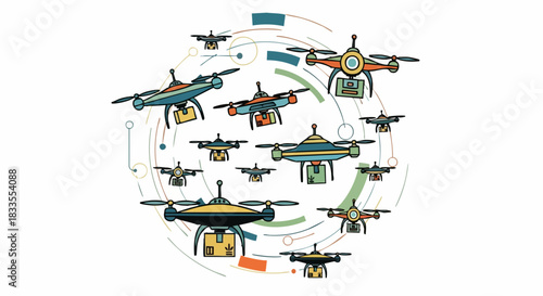 A collection of delivery drones carrying packages in a circular formation.