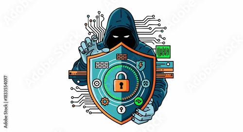 Cybersecurity professional protecting digital data with shield and lock.
