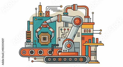 Robotic Arm Assembling a Microchip on a Conveyor Belt in a Factory Setting.