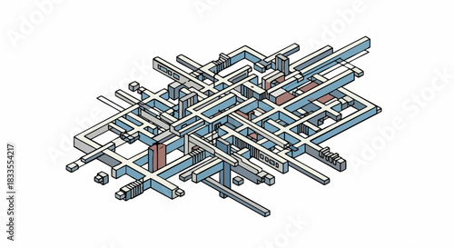 Abstract Geometric Interconnected Structure Isometric Drawing.