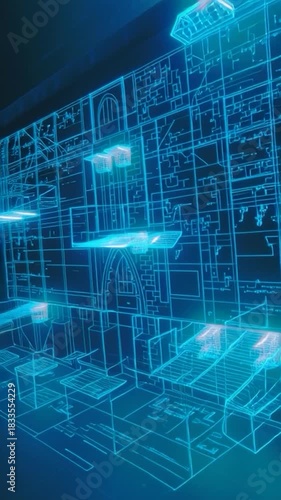 Digital Blueprint Animation: Architectural Design with Glowing Blue Lines and Floating Platforms