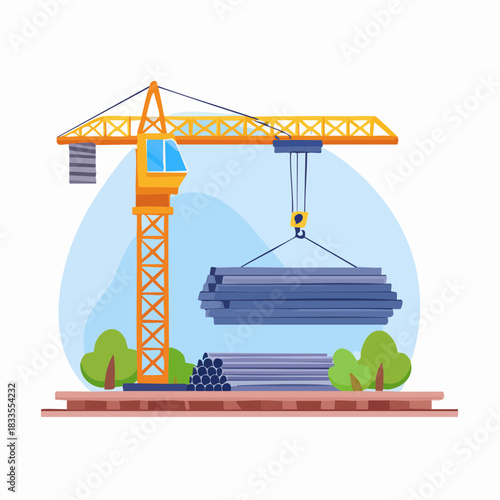 A construction crane lifts a bundle of metal pipes, symbolizing industry and infrastructure development against a clear, blue sky backdrop.