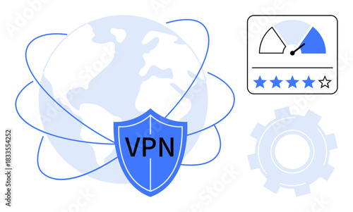 VPN protection concept. Visuals of a secure global network shield and speedometer emphasizing VPN performance and security. VPN ensures data encryption and fast connections. For cybersecurity, tech