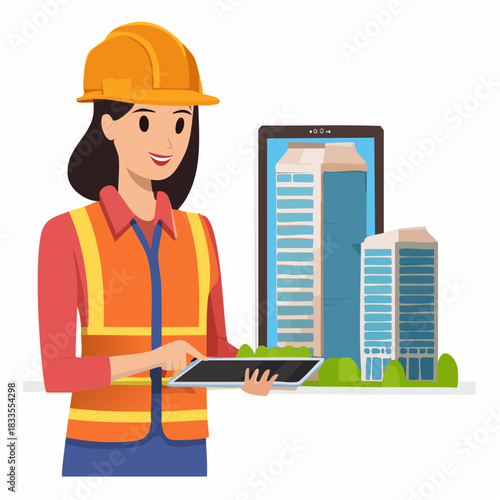 A female architect, wearing a safety vest and helmet, reviews a building design on a tablet, with a digital model in the background.