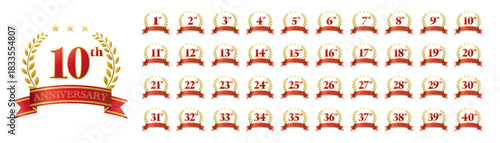 1周年から40周年記念のアイコンセット。赤いリボンと装飾フレーム。