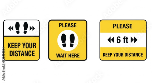 Social distancing signs keep your distance, wait here, and maintain 6ft space for safety