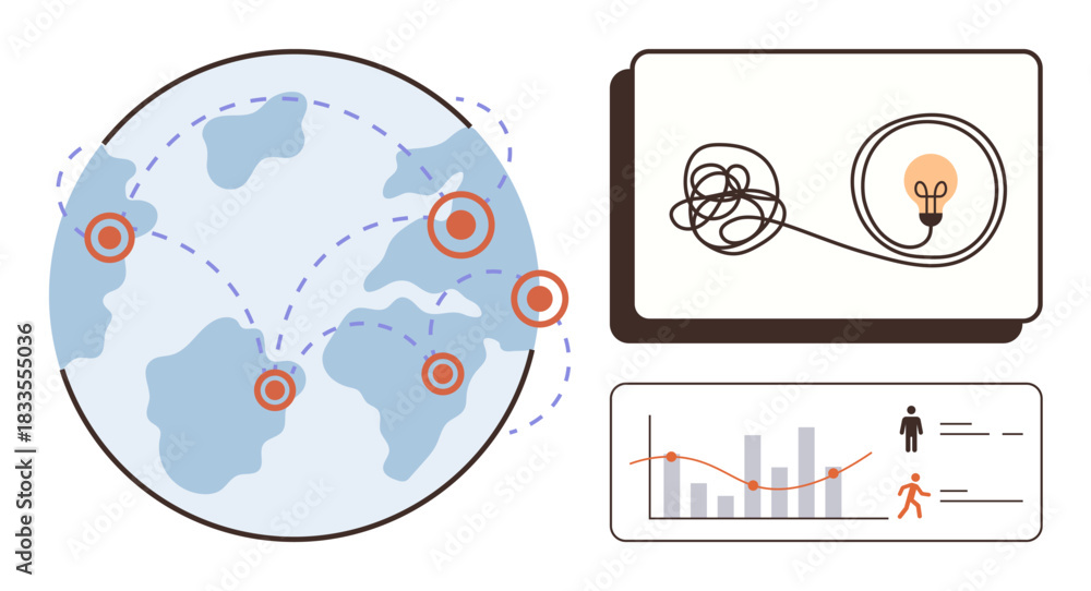 Obraz premium Globe with interconnected points, tangled thread with lightbulb for ideas, and data charts. Ideal for innovation, global connectivity, analytics, collaboration, creativity insights solution. Simple
