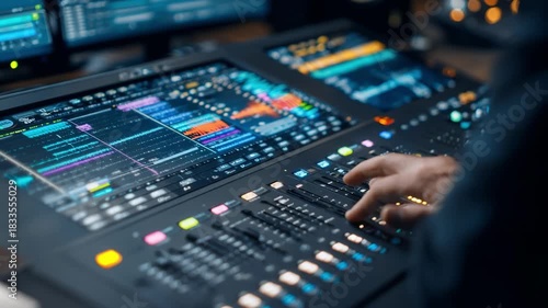 Wallpaper Mural Medium shot of digital audio technician operating a sleek digital console highlighting advanced waveform editing and precise sound layering for crystalclear recording quality. Torontodigital.ca