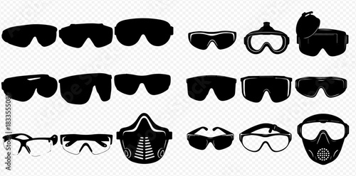 A comprehensive collection of black silhouette safety glasses, goggles, and protective masks.