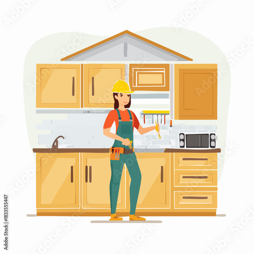 A female construction worker in a kitchen setting, holding a paintbrush, ready to work on the cabinets and other features of the room.
